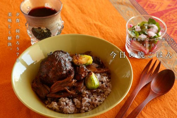 ゴボウときのこの煮込みハンバーグ